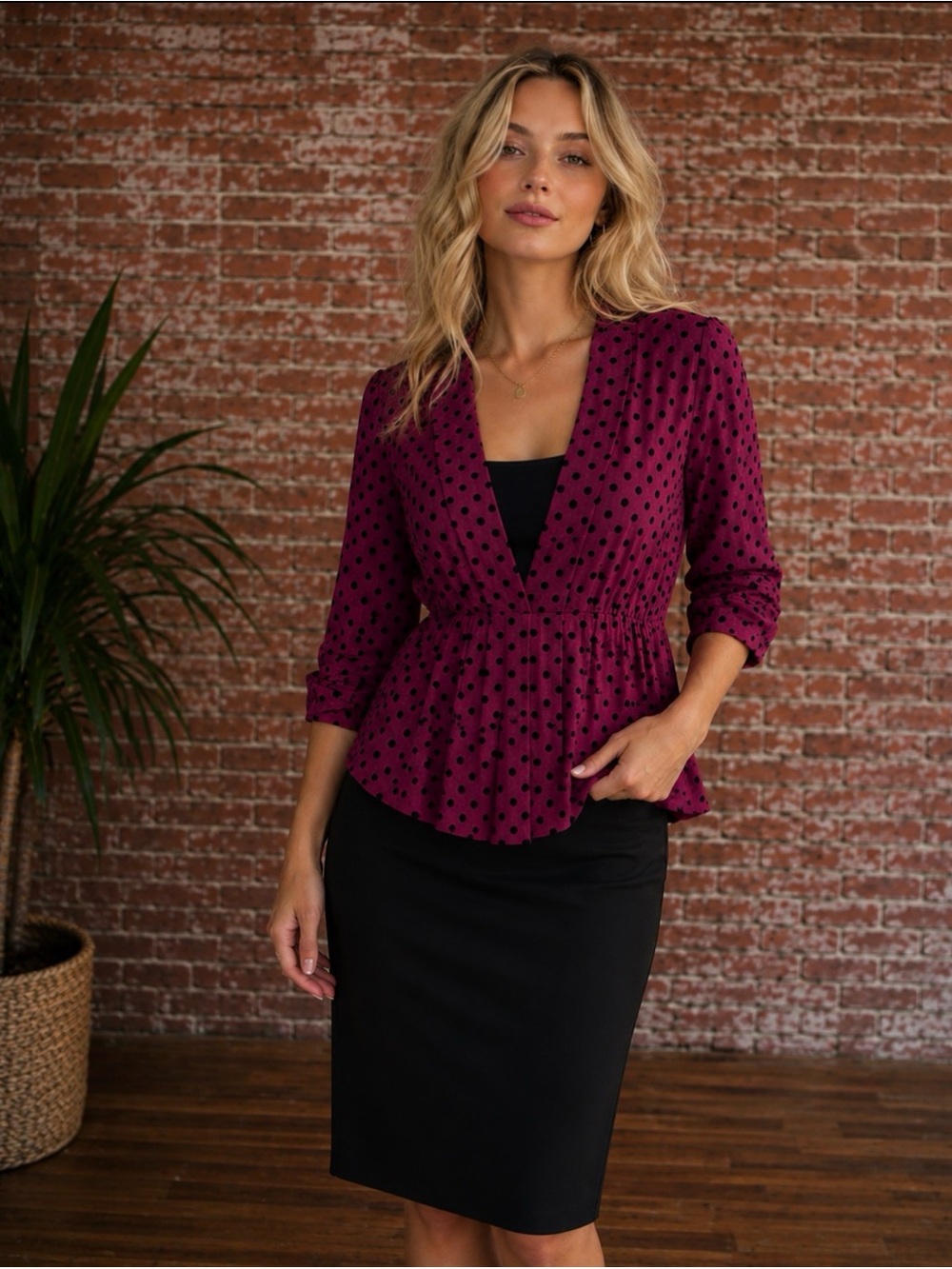 Elle Raspberry and Black Polkadot Open Front Nipped Waist Blazer Jacket
